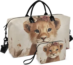 Cute Lion Garland Floral Travel Duffel Bag Gym Bag Sports Tote Bag with Multiple Interior Pockets Shoulder Weekender Bag for Women Men with Toiletry Bag 20.5”x 7.9”x 13.8”