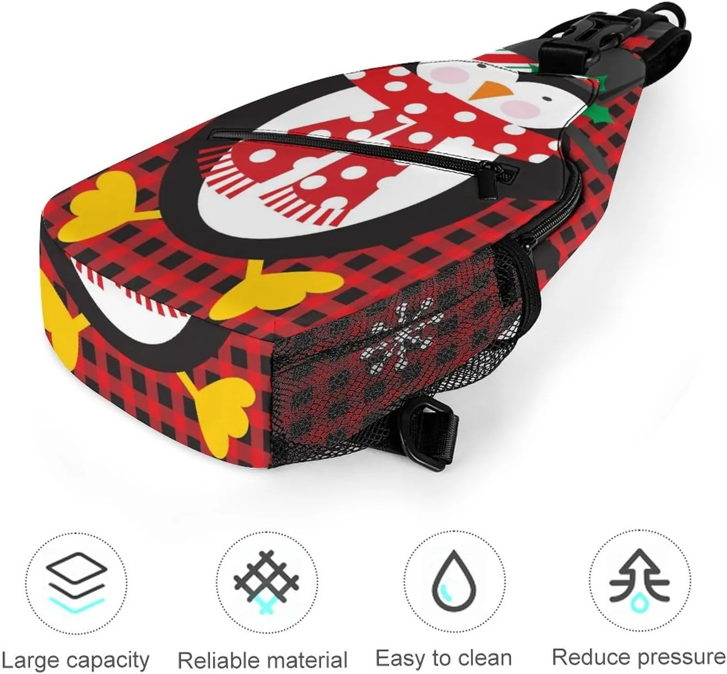 Cute Penguin Snowflake Crossbody Sling Backpack Christmas Buffalo Plaid Sling Bag Adjustable Travel Hiking Chest Bags Daypack