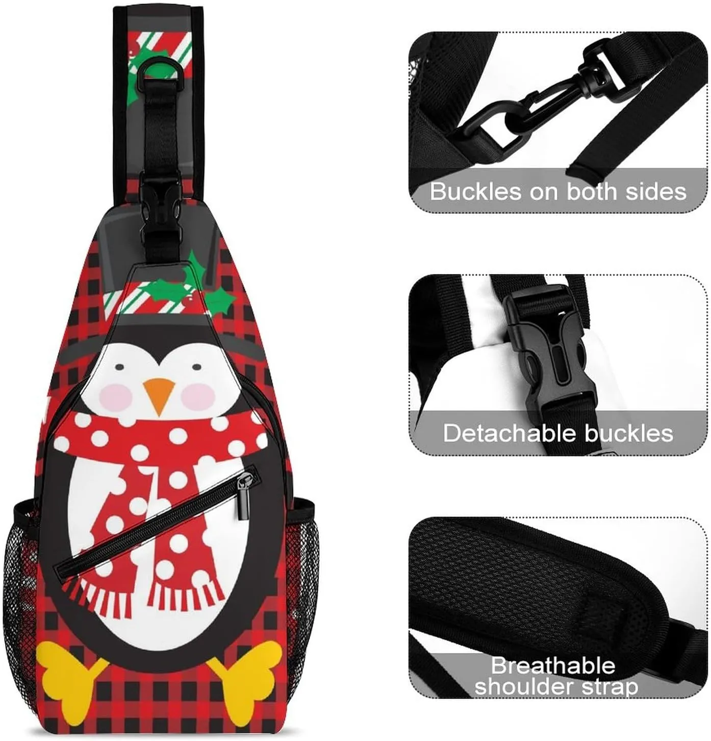 Cute Penguin Snowflake Crossbody Sling Backpack Christmas Buffalo Plaid Sling Bag Adjustable Travel Hiking Chest Bags Daypack