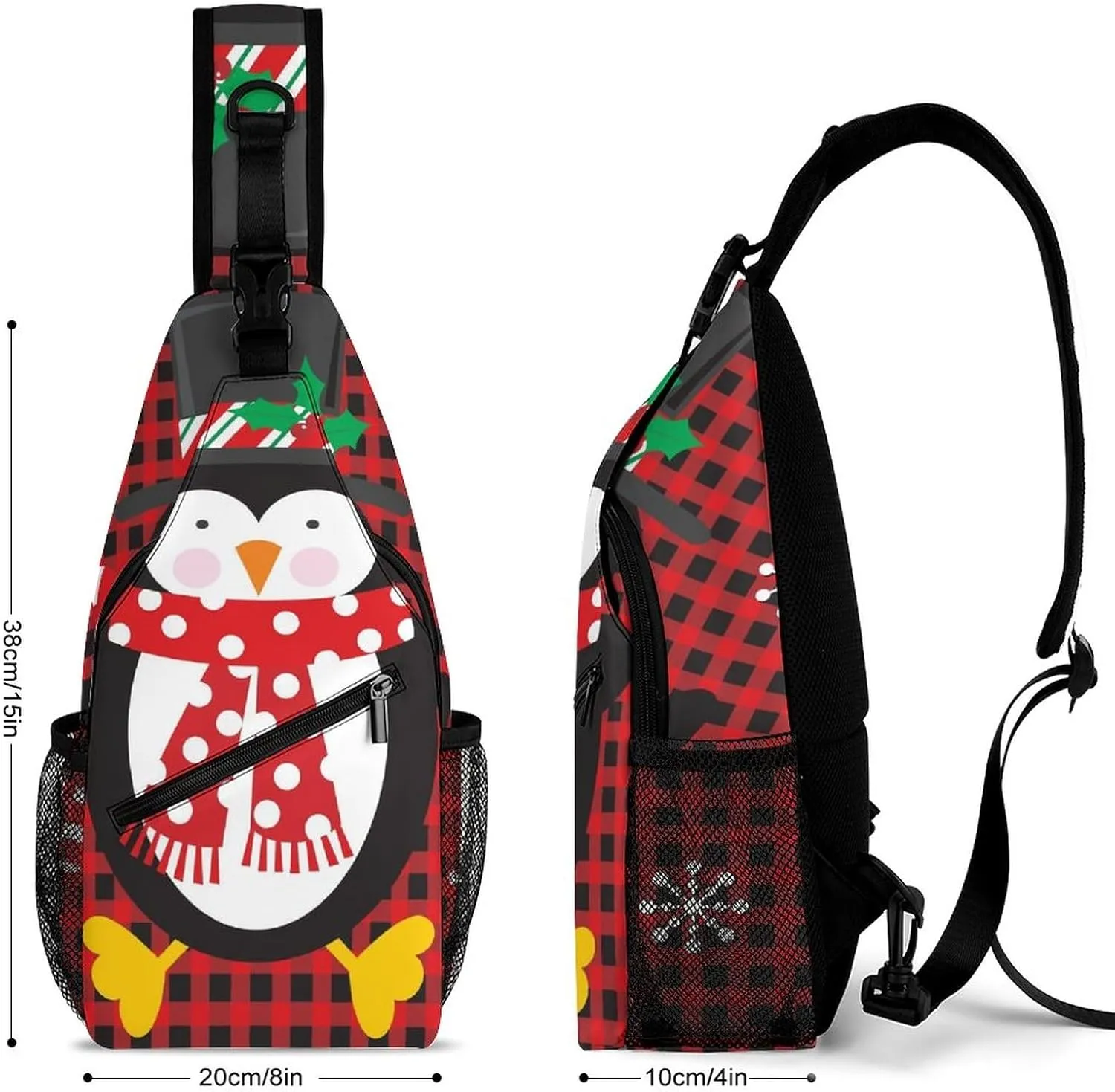 Cute Penguin Snowflake Crossbody Sling Backpack Christmas Buffalo Plaid Sling Bag Adjustable Travel Hiking Chest Bags Daypack