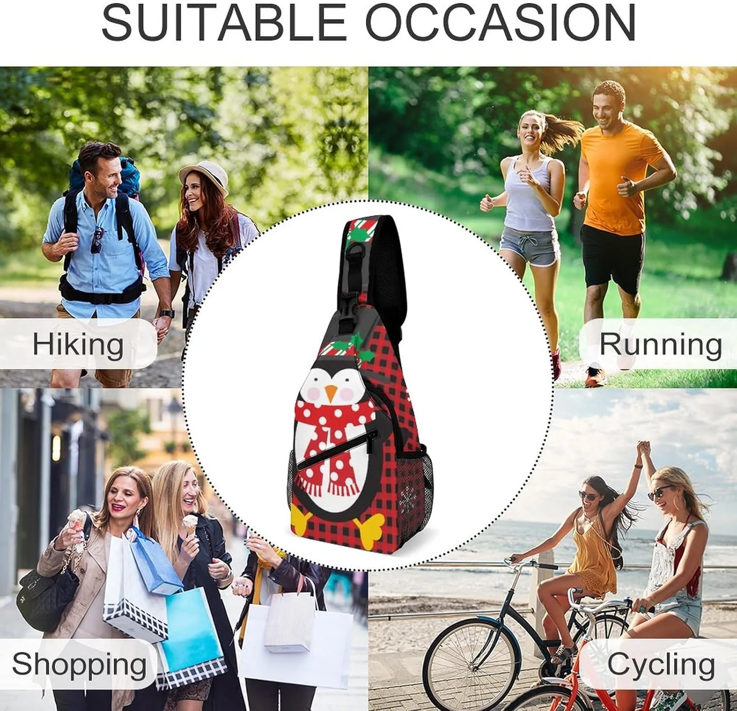 Cute Penguin Snowflake Crossbody Sling Backpack Christmas Buffalo Plaid Sling Bag Adjustable Travel Hiking Chest Bags Daypack