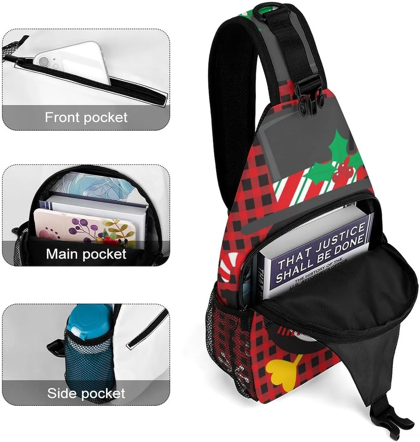 Cute Penguin Snowflake Crossbody Sling Backpack Christmas Buffalo Plaid Sling Bag Adjustable Travel Hiking Chest Bags Daypack