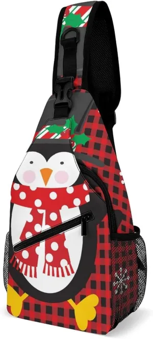 Cute Penguin Snowflake Crossbody Sling Backpack Christmas Buffalo Plaid Sling Bag Adjustable Travel Hiking Chest Bags Daypack