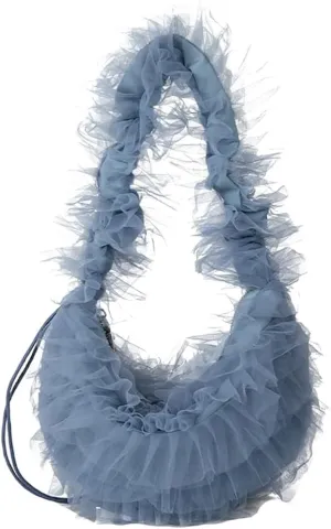 Cute Pleated Tulle Crescent Bag for Women Fashion Hobo Purse with Drawstring Strap Beach Shopping Shoulder Bags