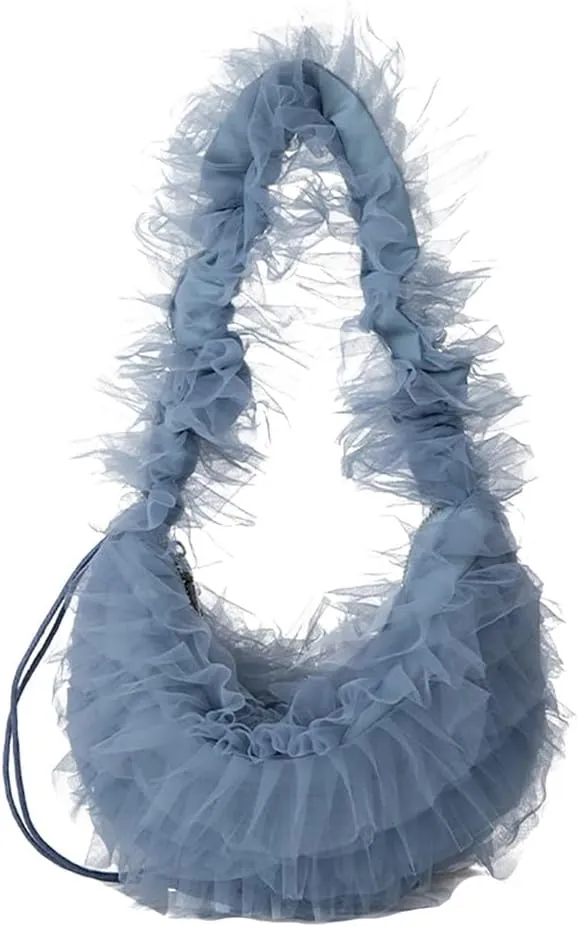 Cute Pleated Tulle Crescent Bag for Women Fashion Hobo Purse with Drawstring Strap Beach Shopping Shoulder Bags