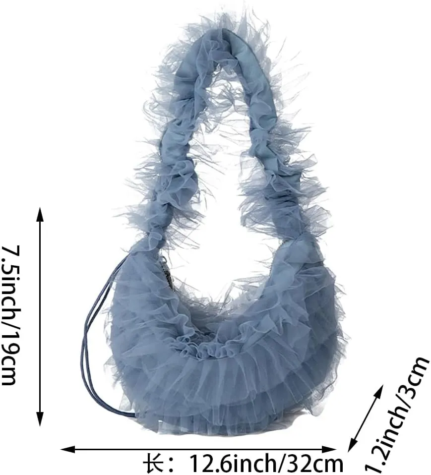 Cute Pleated Tulle Crescent Bag for Women Fashion Hobo Purse with Drawstring Strap Beach Shopping Shoulder Bags