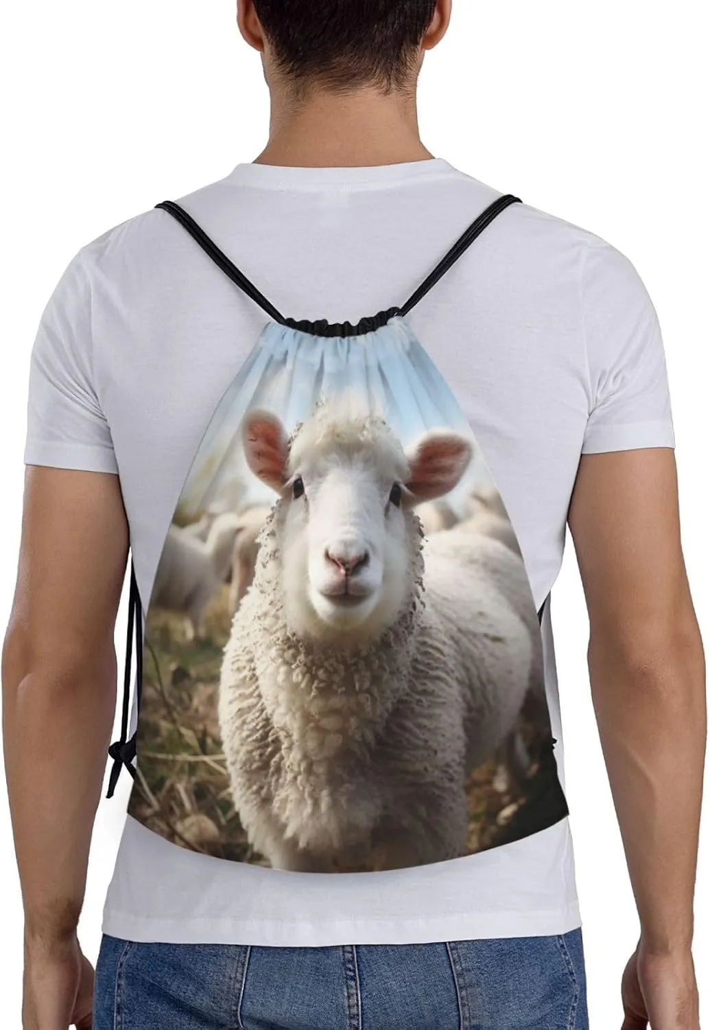 Cute Sheep Lamb Drawstring Backpack for Men Women Sports Sackpack Waterproof Gym Sack Draw String Cinch Bags Small