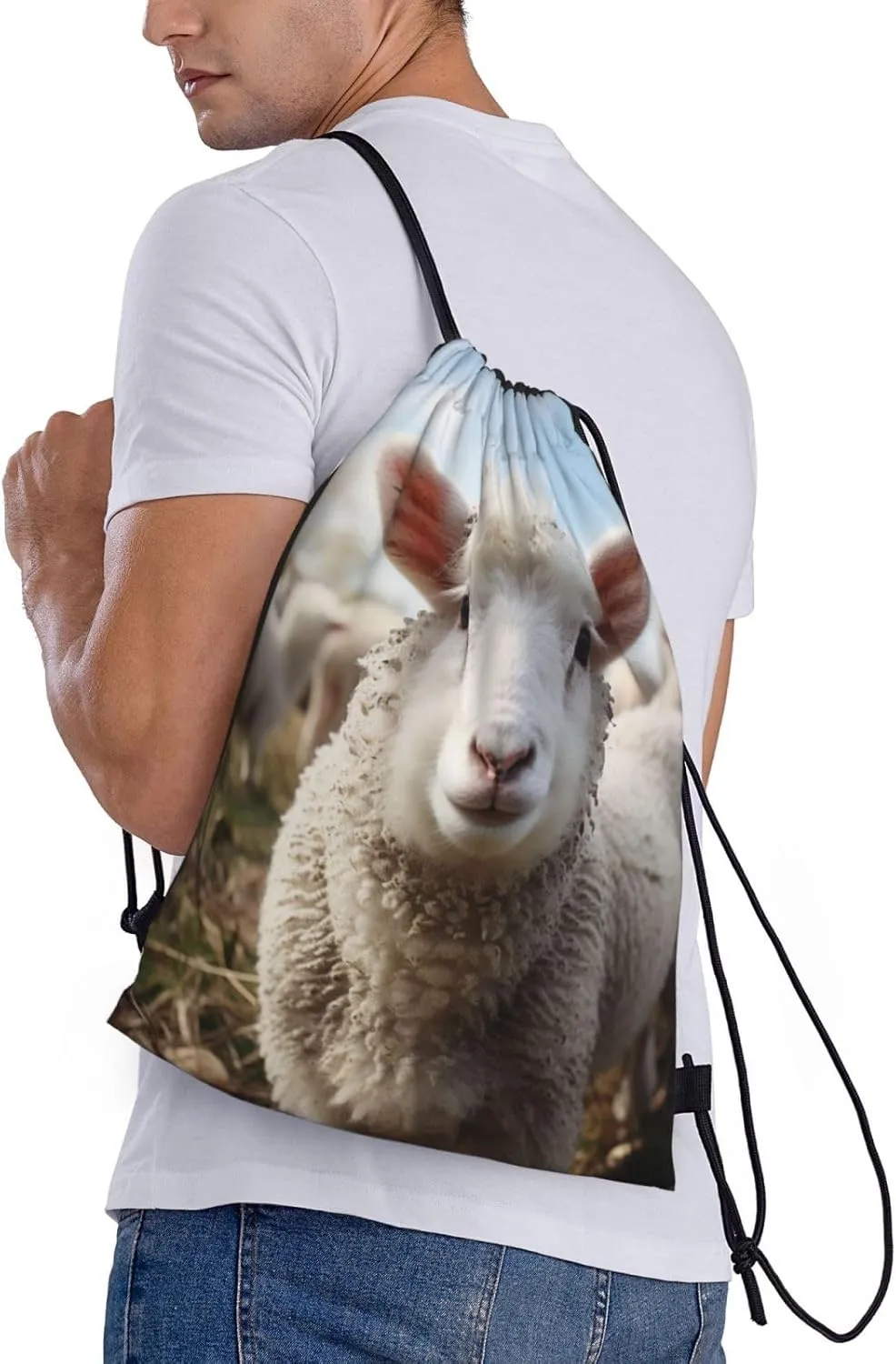Cute Sheep Lamb Drawstring Backpack for Men Women Sports Sackpack Waterproof Gym Sack Draw String Cinch Bags Small