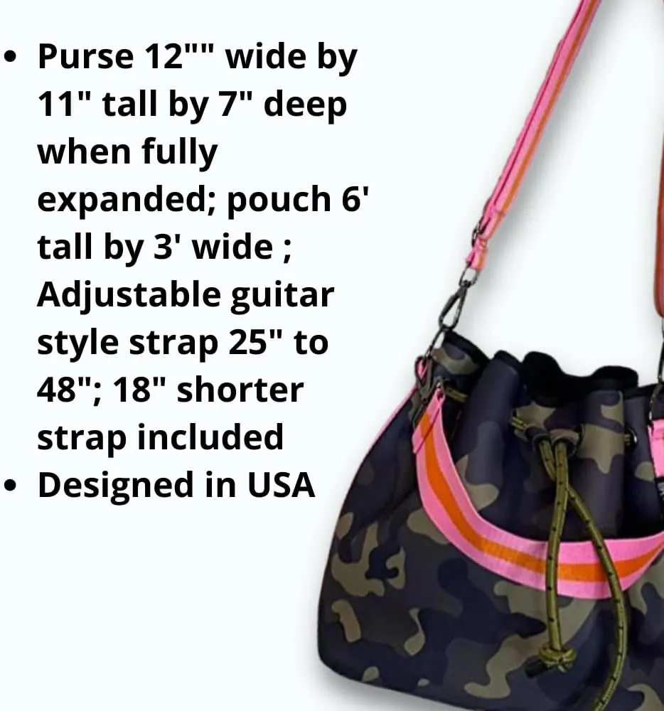 Dallas Hill Designs Crossbody Bucket Purse for Women | Neoprene Handbag | Drawstring Hobo Shoulder Bag | Plus Extra Pouch