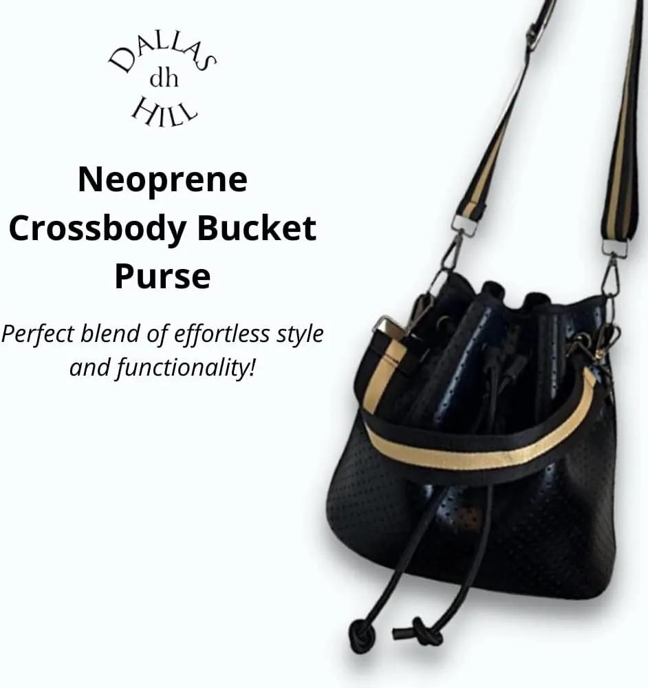 Dallas Hill Designs Crossbody Bucket Purse for Women | Neoprene Handbag | Drawstring Hobo Shoulder Bag | Plus Extra Pouch
