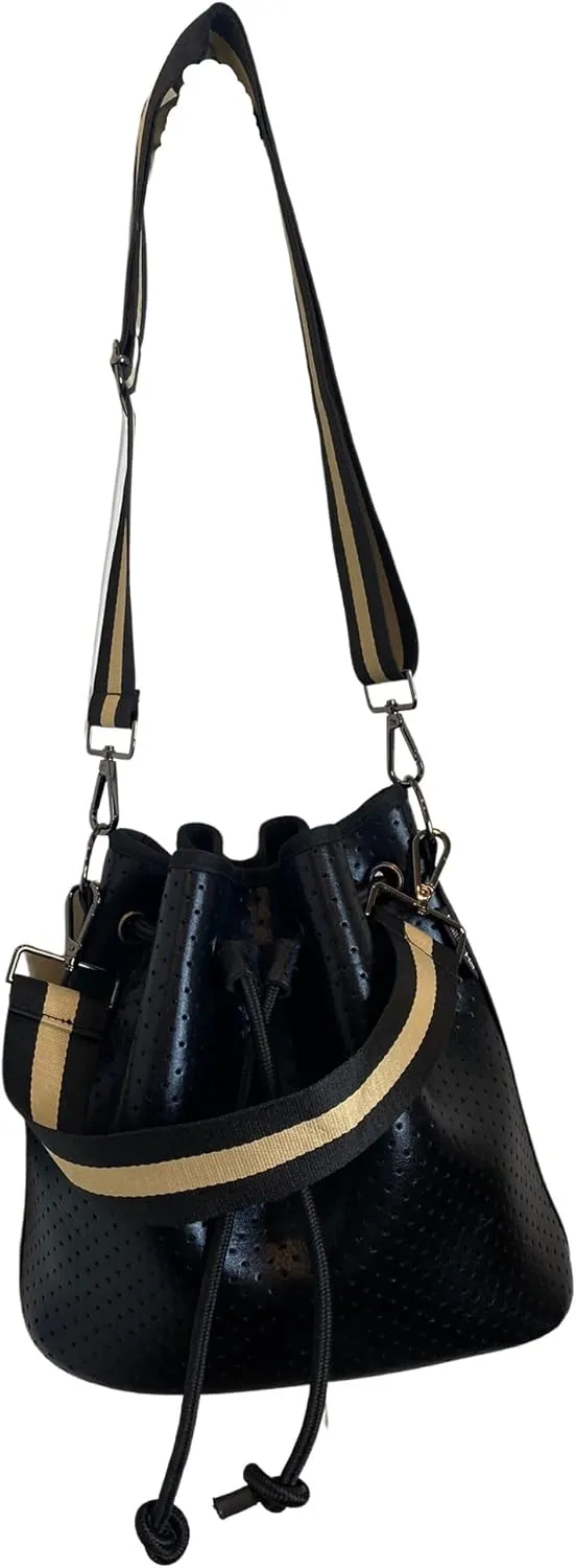 Dallas Hill Designs Crossbody Bucket Purse for Women | Neoprene Handbag | Drawstring Hobo Shoulder Bag | Plus Extra Pouch