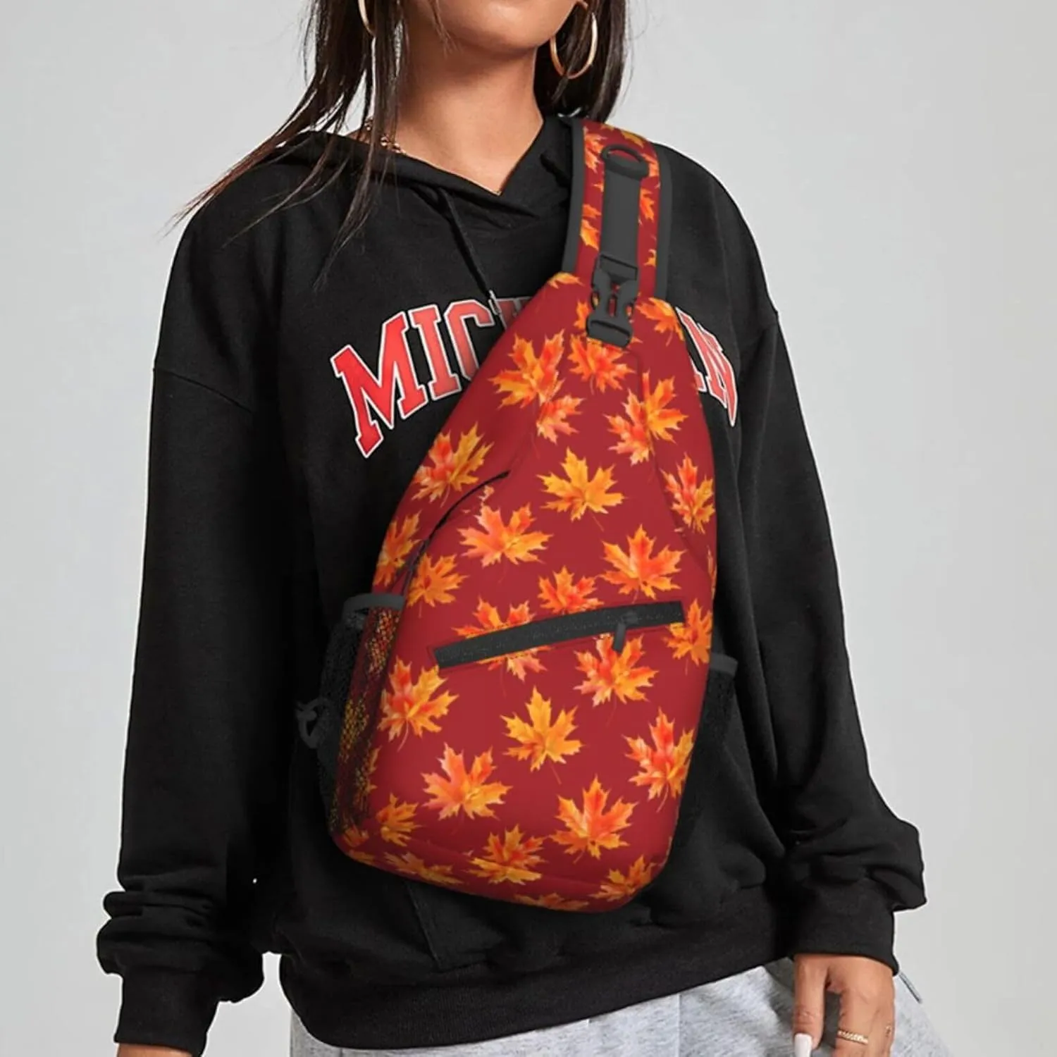 Deep Red Maple Leaves Autumn Sling Bag For Women Crossbody Shoulder Bag Casual Daypack Backpacks Men Chest Bag Gym Cycling Travel Hiking