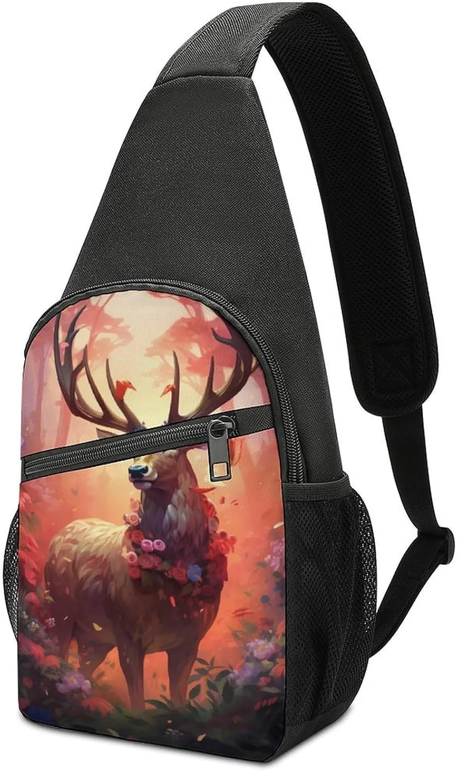 Deer Crossbody Sling Backpack Adjustable Straps Chest Bag for Hiking Traveling Outdoors