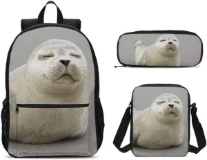 Delerain Seal Pup 3 Pcs Backpack Set for Kids Back to School Bookbag with Lunch Box and Pencil Case Durable Lightweight Travel for Teens Students Boys Girls