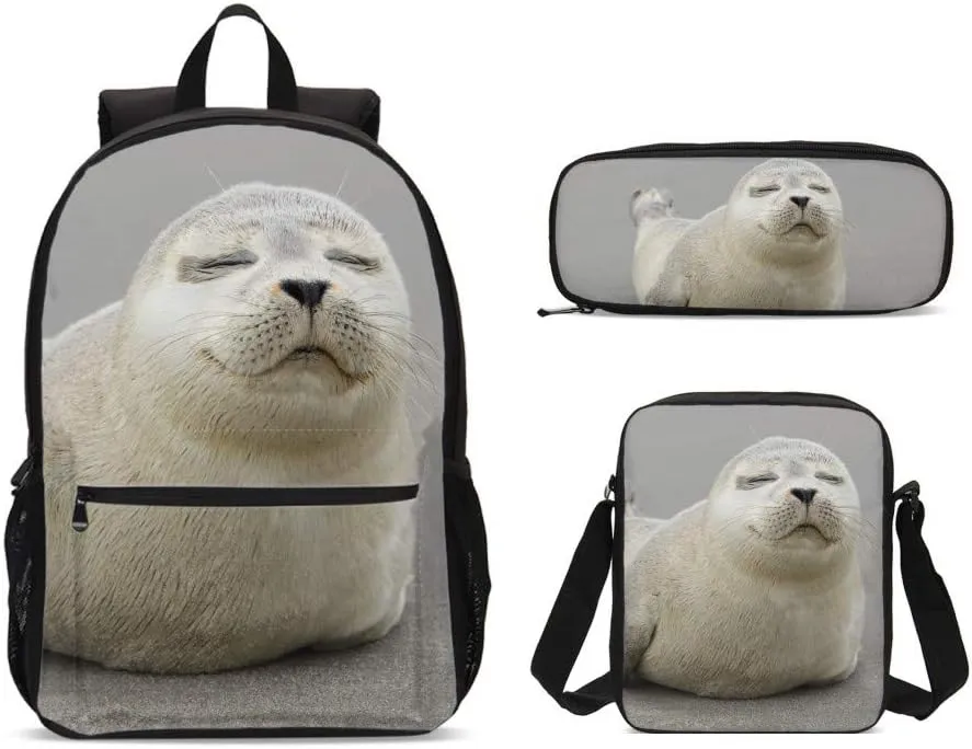 Delerain Seal Pup 3 Pcs Backpack Set for Kids Back to School Bookbag with Lunch Box and Pencil Case Durable Lightweight Travel for Teens Students Boys Girls