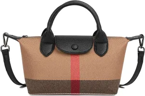 Deluxe Small Size Women's Check Tote Leather and Canvas Contrast Top Handle Mini Waist Bag Everyday Crossbody Bag