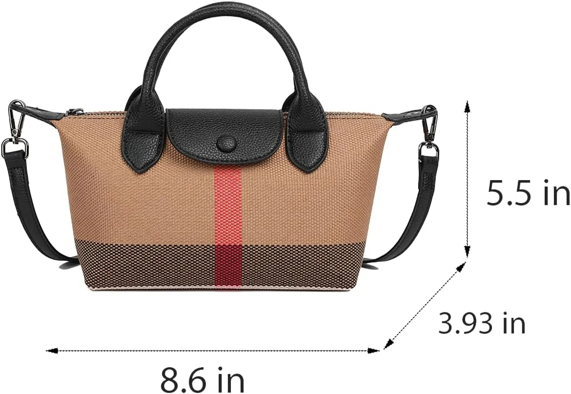 Deluxe Small Size Women's Check Tote Leather and Canvas Contrast Top Handle Mini Waist Bag Everyday Crossbody Bag