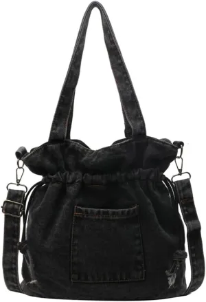 Denim Shoulder Bag for Women Canvas Tote Bag Crossbody Bag Aesthetic Large Denim Messenger Bag Hobo Handbags with Drawstring