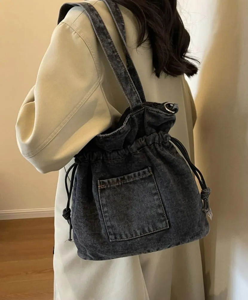Denim Shoulder Bag for Women Canvas Tote Bag Crossbody Bag Aesthetic Large Denim Messenger Bag Hobo Handbags with Drawstring