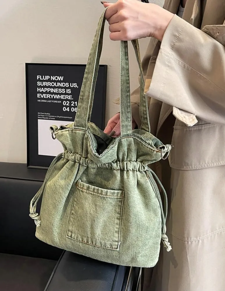 Denim Shoulder Bag for Women Canvas Tote Bag Crossbody Bag Aesthetic Large Denim Messenger Bag Hobo Handbags with Drawstring