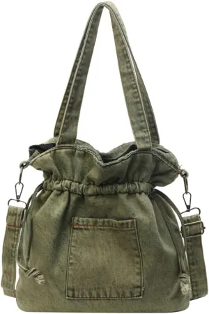 Denim Shoulder Bag for Women Canvas Tote Bag Crossbody Bag Aesthetic Large Denim Messenger Bag Hobo Handbags with Drawstring