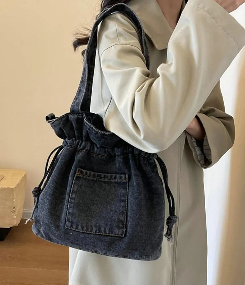 Denim Shoulder Bag for Women Canvas Tote Bag Crossbody Bag Aesthetic Large Denim Messenger Bag Hobo Handbags with Drawstring