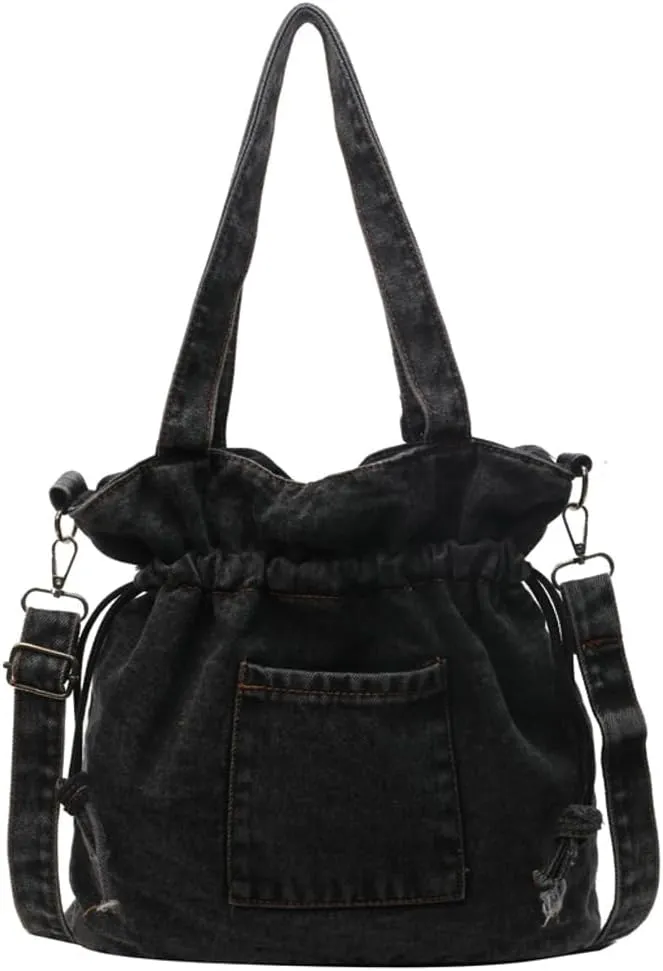 Denim Shoulder Bag for Women Canvas Tote Bag Crossbody Bag Aesthetic Large Denim Messenger Bag Hobo Handbags with Drawstring