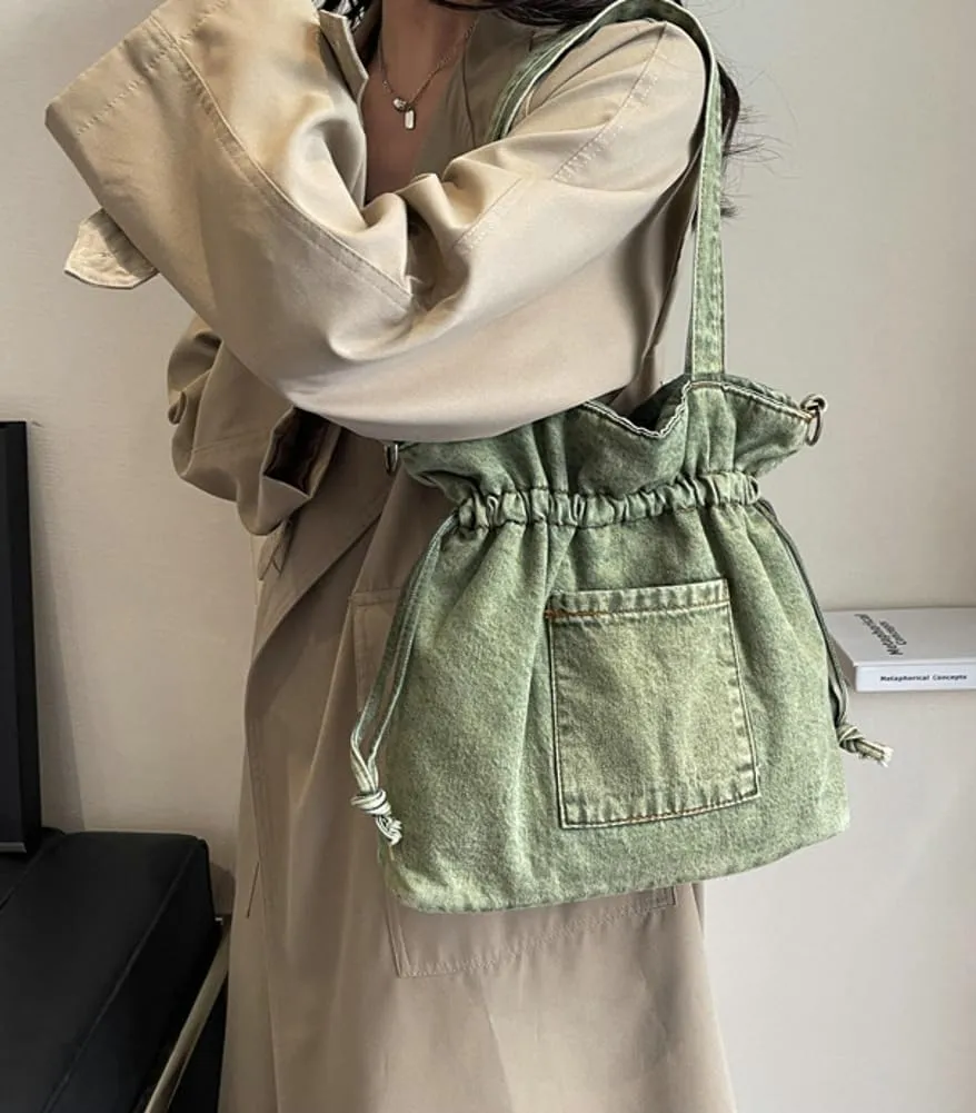 Denim Shoulder Bag for Women Canvas Tote Bag Crossbody Bag Aesthetic Large Denim Messenger Bag Hobo Handbags with Drawstring