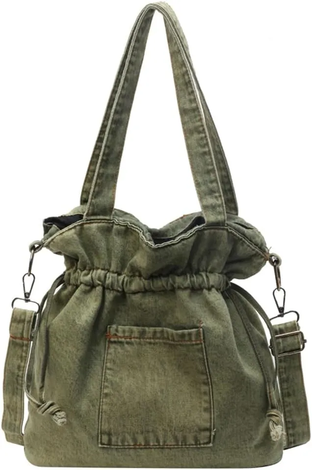 Denim Shoulder Bag for Women Canvas Tote Bag Crossbody Bag Aesthetic Large Denim Messenger Bag Hobo Handbags with Drawstring
