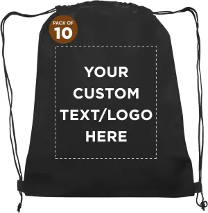 DISCOUNT PROMOS Custom Non-Woven Drawstring Backpacks Set of 10, Personalized Bulk Pack - Bring Everywhere You Go, Great for Travelling, Gym and for Everyday Use - Black
