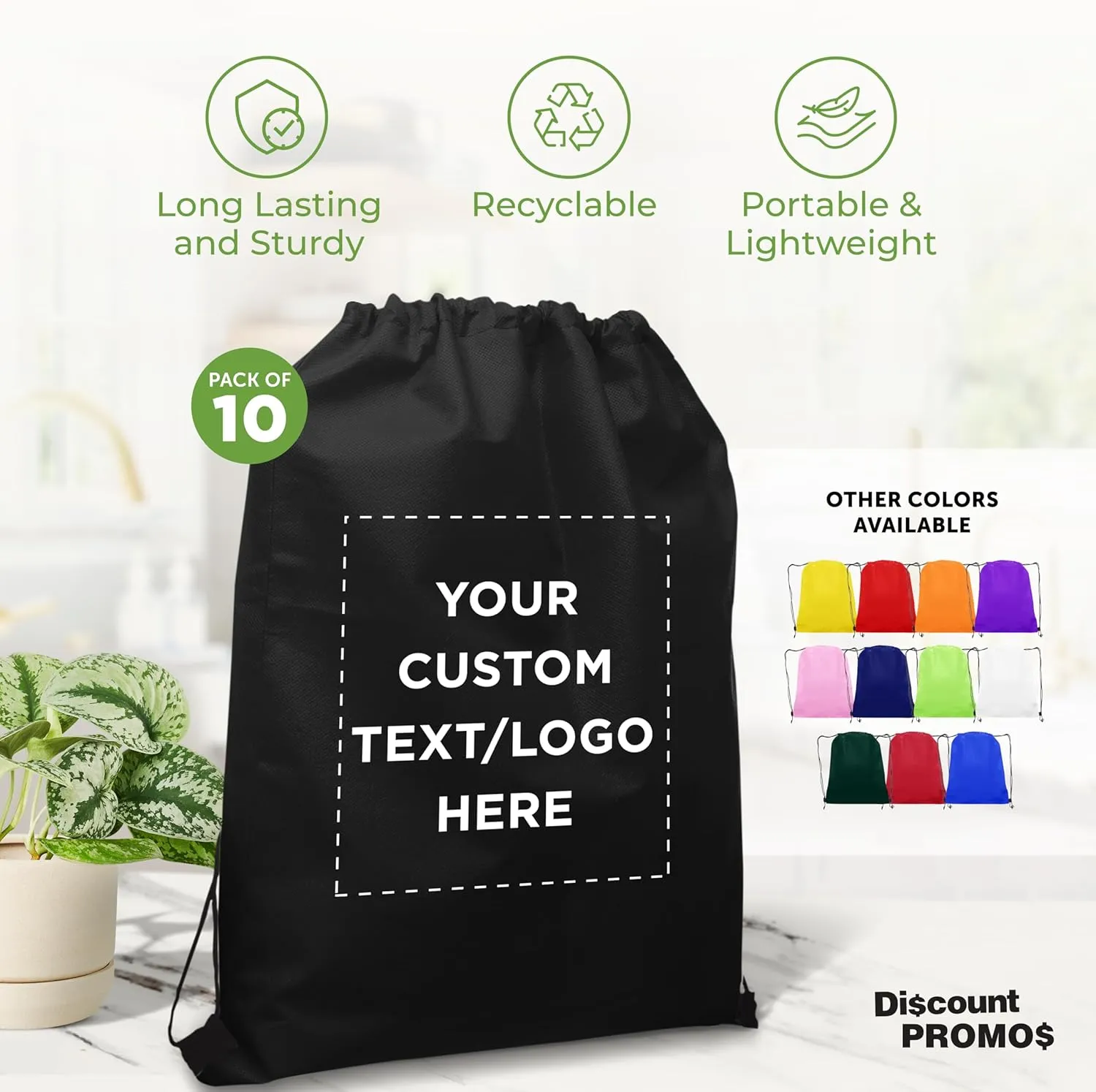 DISCOUNT PROMOS Custom Non-Woven Drawstring Backpacks Set of 10, Personalized Bulk Pack - Bring Everywhere You Go, Great for Travelling, Gym and for Everyday Use - Black