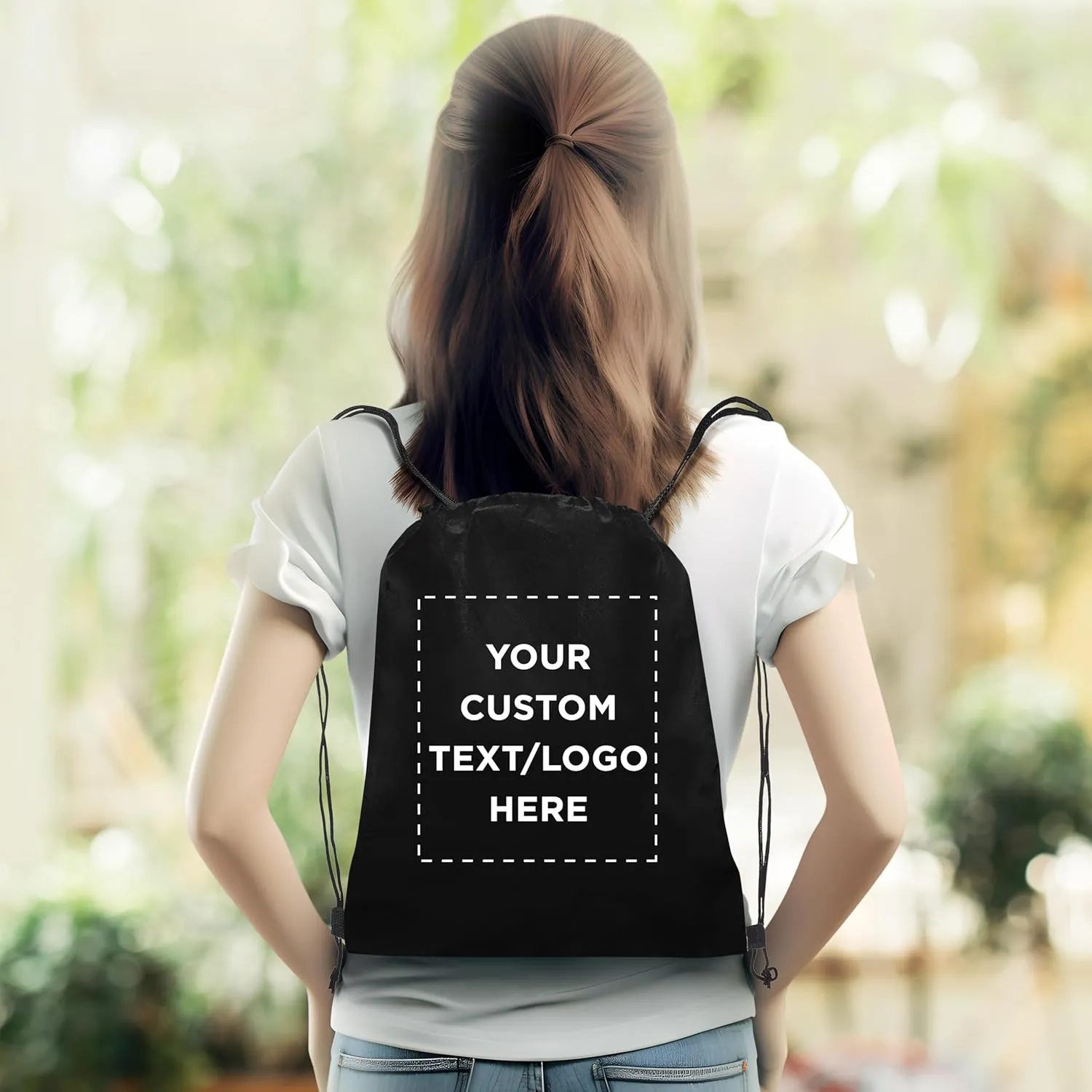 DISCOUNT PROMOS Custom Non-Woven Drawstring Backpacks Set of 10, Personalized Bulk Pack - Bring Everywhere You Go, Great for Travelling, Gym and for Everyday Use - Black