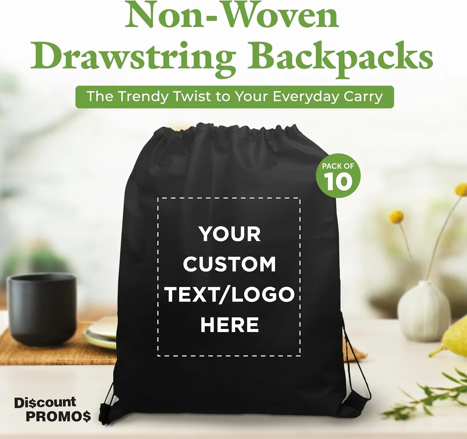 DISCOUNT PROMOS Custom Non-Woven Drawstring Backpacks Set of 10, Personalized Bulk Pack - Bring Everywhere You Go, Great for Travelling, Gym and for Everyday Use - Black