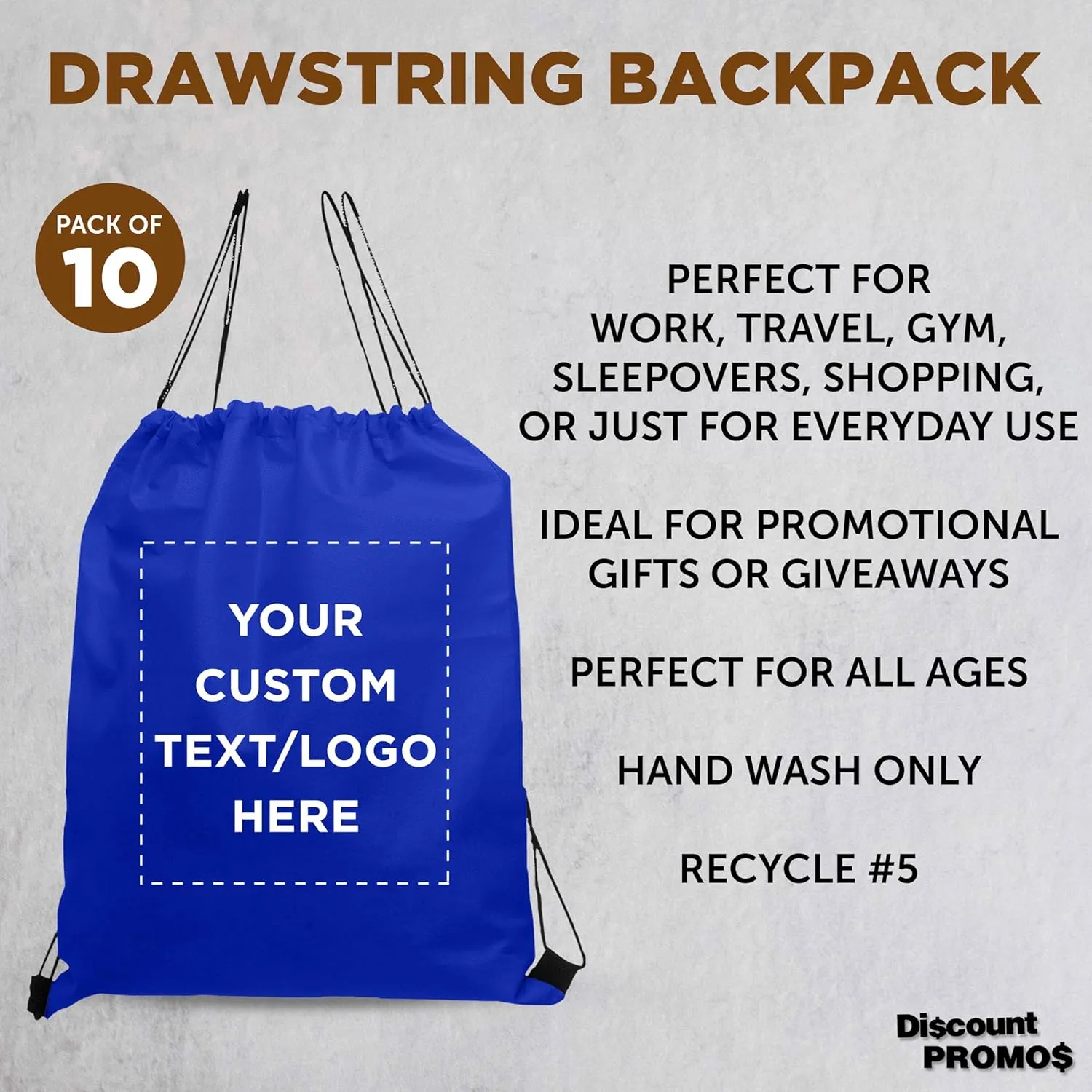 DISCOUNT PROMOS Custom Non-Woven Drawstring Backpacks Set of 10, Personalized Bulk Pack - Bring Everywhere You Go, Great for Travelling, Gym and for Everyday Use - Blue