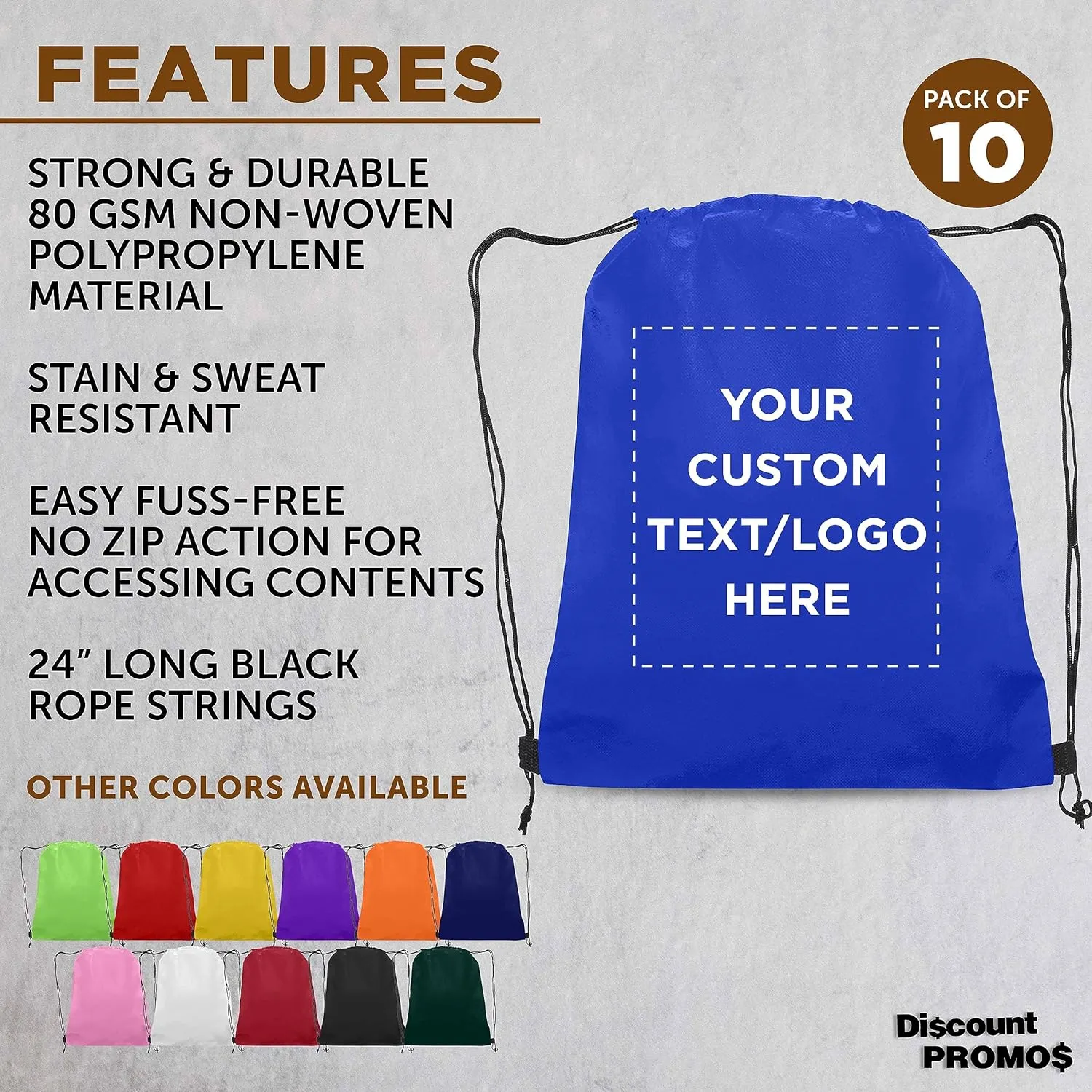 DISCOUNT PROMOS Custom Non-Woven Drawstring Backpacks Set of 10, Personalized Bulk Pack - Bring Everywhere You Go, Great for Travelling, Gym and for Everyday Use - Blue