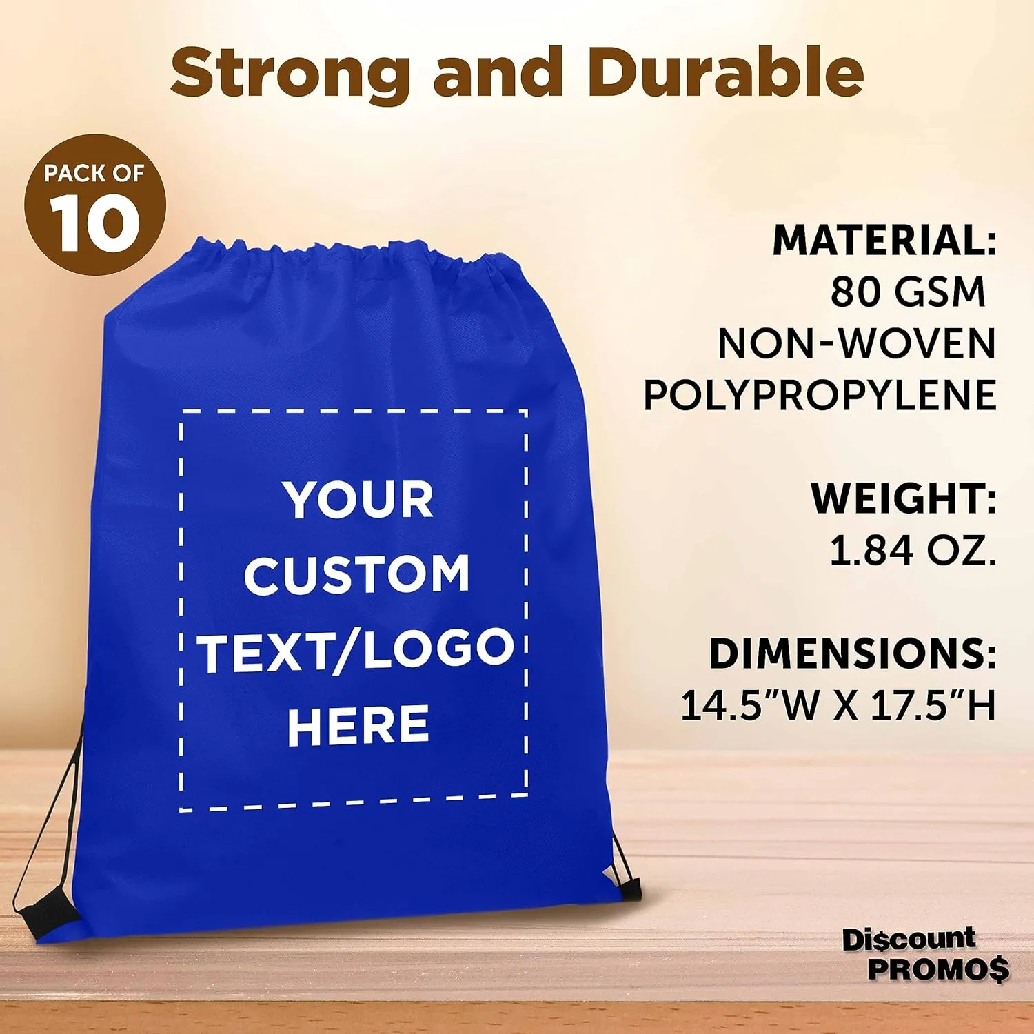 DISCOUNT PROMOS Custom Non-Woven Drawstring Backpacks Set of 10, Personalized Bulk Pack - Bring Everywhere You Go, Great for Travelling, Gym and for Everyday Use - Blue