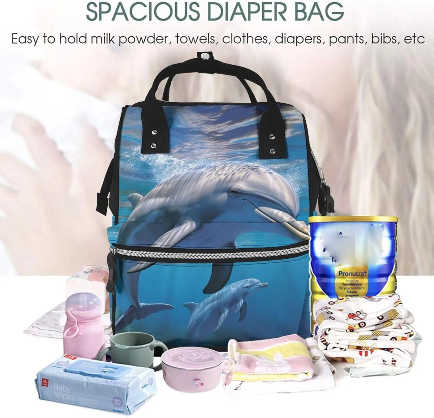 Dolphin Sea Animal Diaper Bag Backpack for Women Waterproof Mummy Backpack Large Nappy Bag Nursing Bag