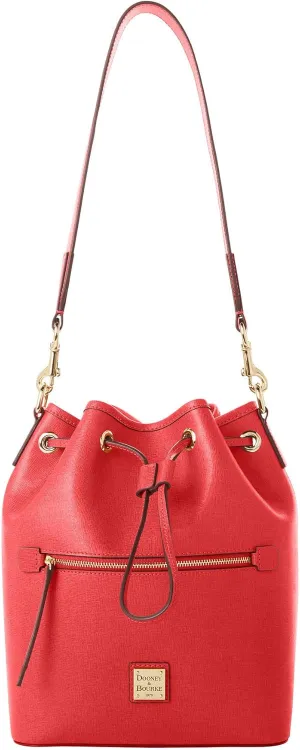 Dooney & Bourke Handbags for Women, Saffiano Drawstring Leather Bucket Bag with Wide Shoulder Strap - Red