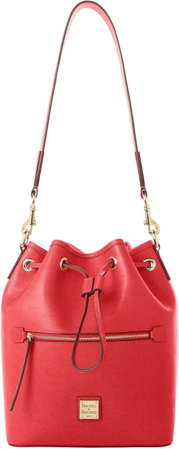 Dooney & Bourke Handbags for Women, Saffiano Drawstring Leather Bucket Bag with Wide Shoulder Strap - Red
