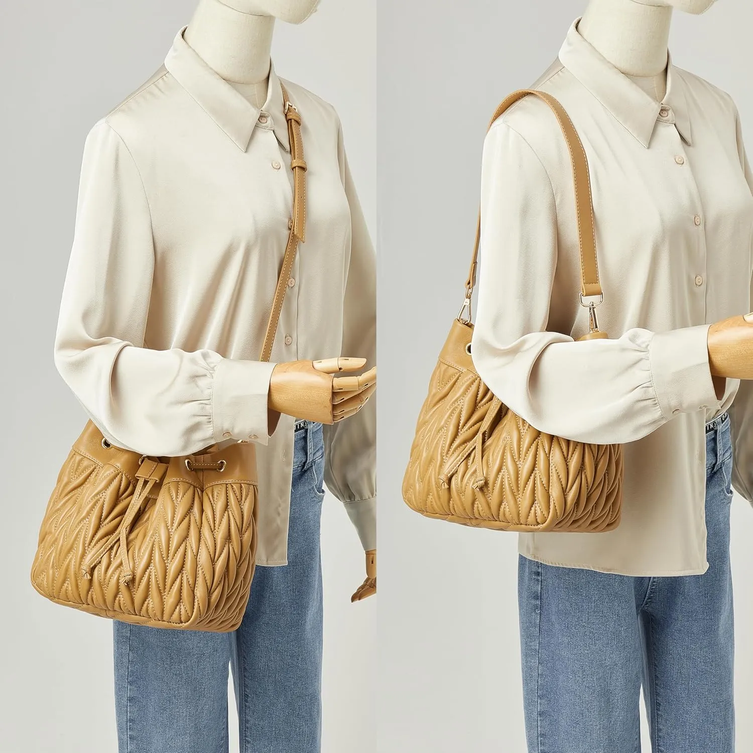 DORIS&JACKY Lambskin Drawstring Bucket Purse For Women Designer Leather Quilted Shoulder Handbags With Two Straps