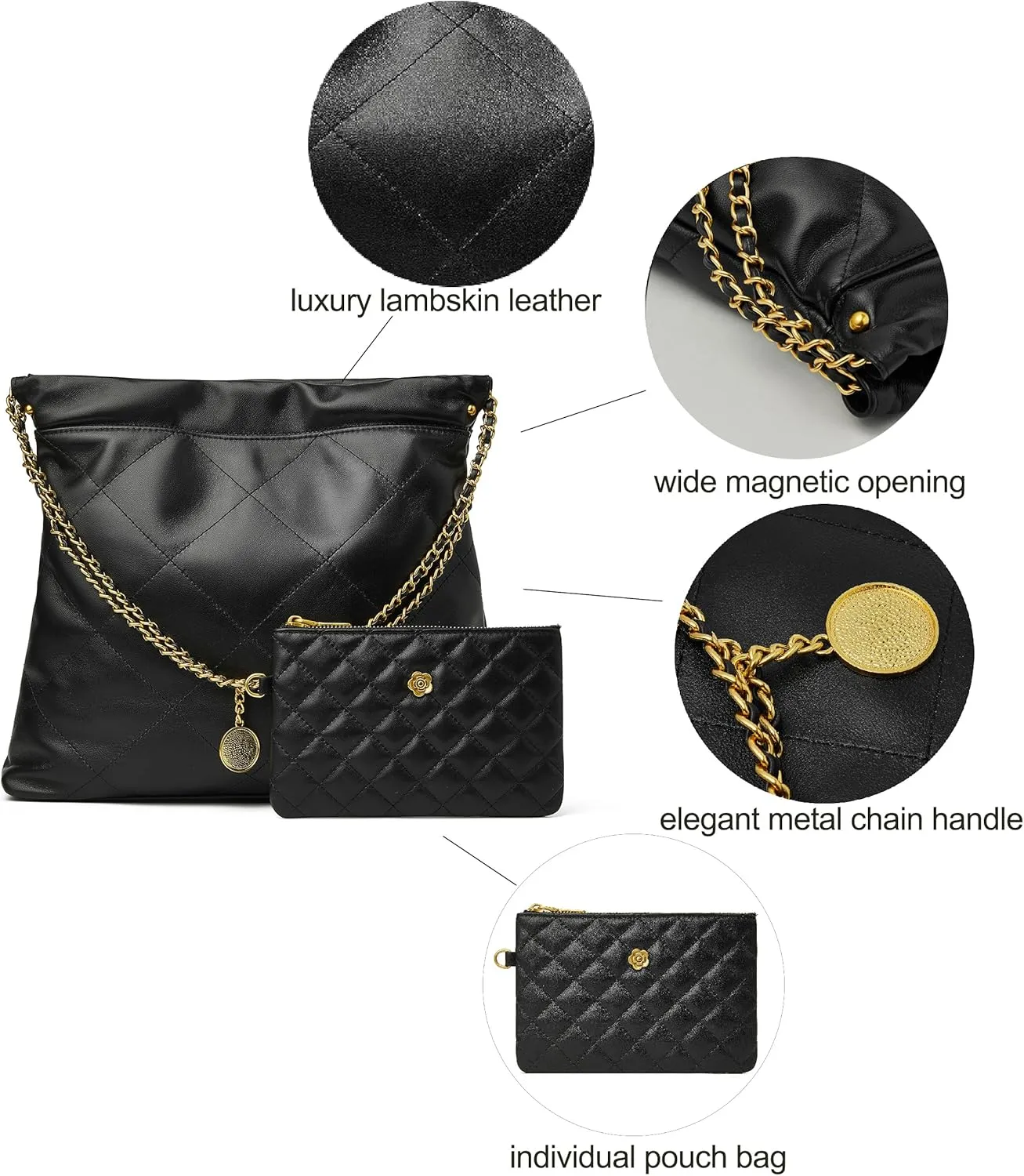 DORIS&JACKY Quilted Tote Bag Set For Women Soft Lambskin Shoulder Purse And Large Leather Work Handbag With 1 Small Clutch