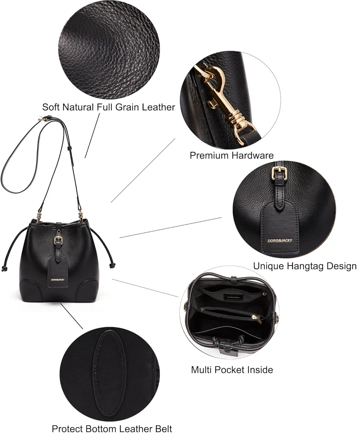 DORIS&JACKY Small Leather Bucket Hobo Purse for Women Designer Drawstring Crossbody Bag and Handbags