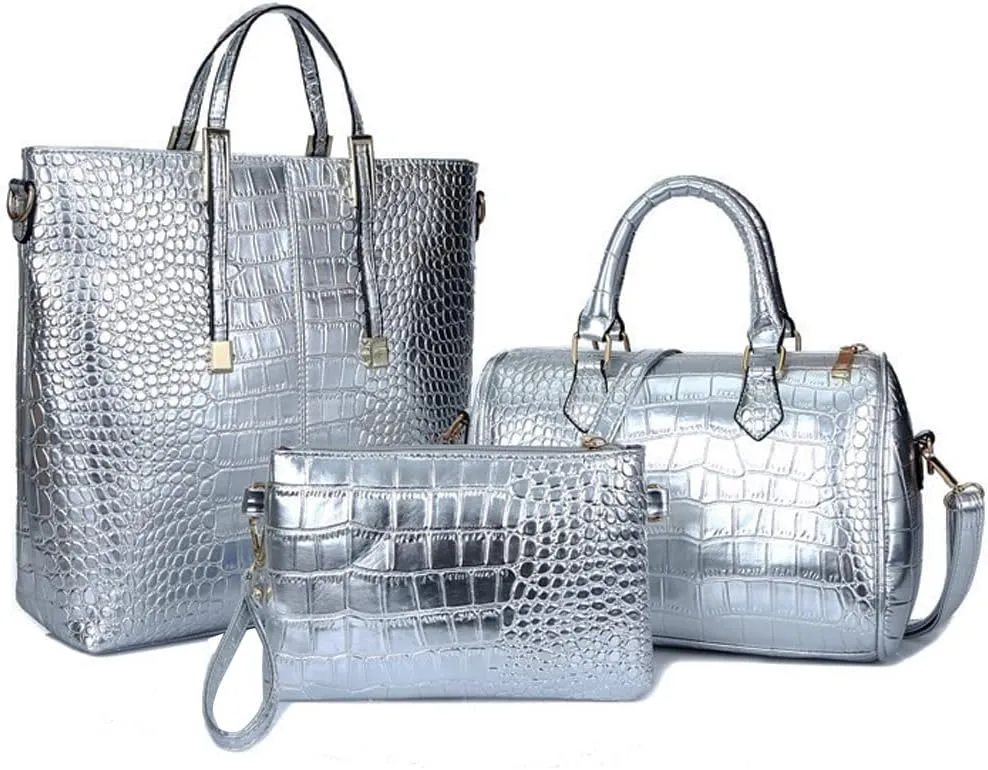 Downupdown 3PC Handbags and Purse for Women Top Handle Bags Satchel Shoulder Totes Boston Bag Wallet Crocodile Pattern Set