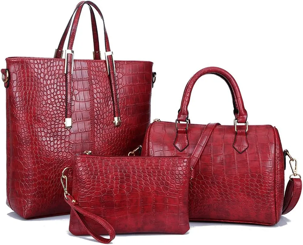 Downupdown 3PC Handbags and Purse for Women Top Handle Bags Satchel Shoulder Totes Boston Bag Wallet Crocodile Pattern Set
