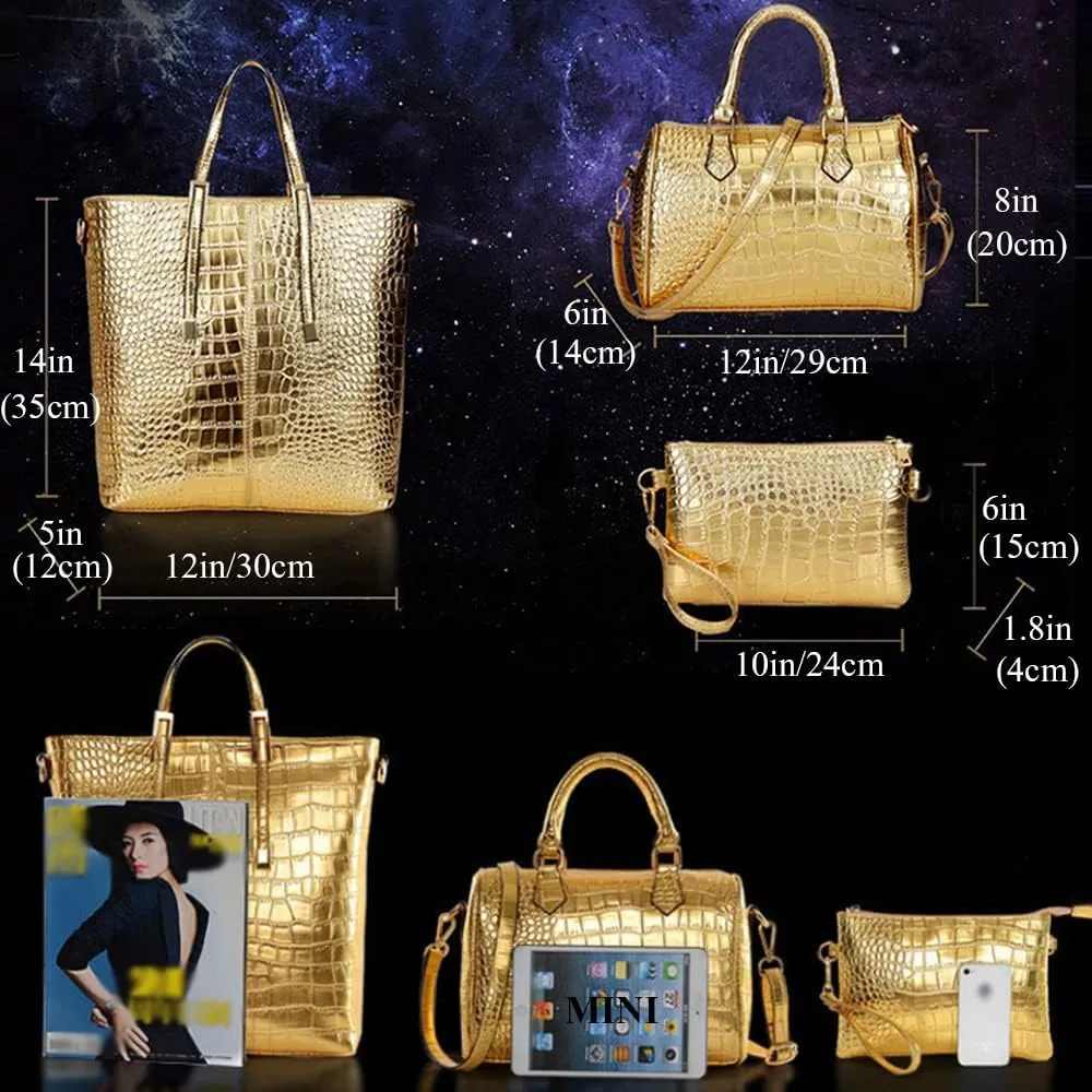 Downupdown 3PC Handbags and Purse for Women Top Handle Bags Satchel Shoulder Totes Boston Bag Wallet Crocodile Pattern Set