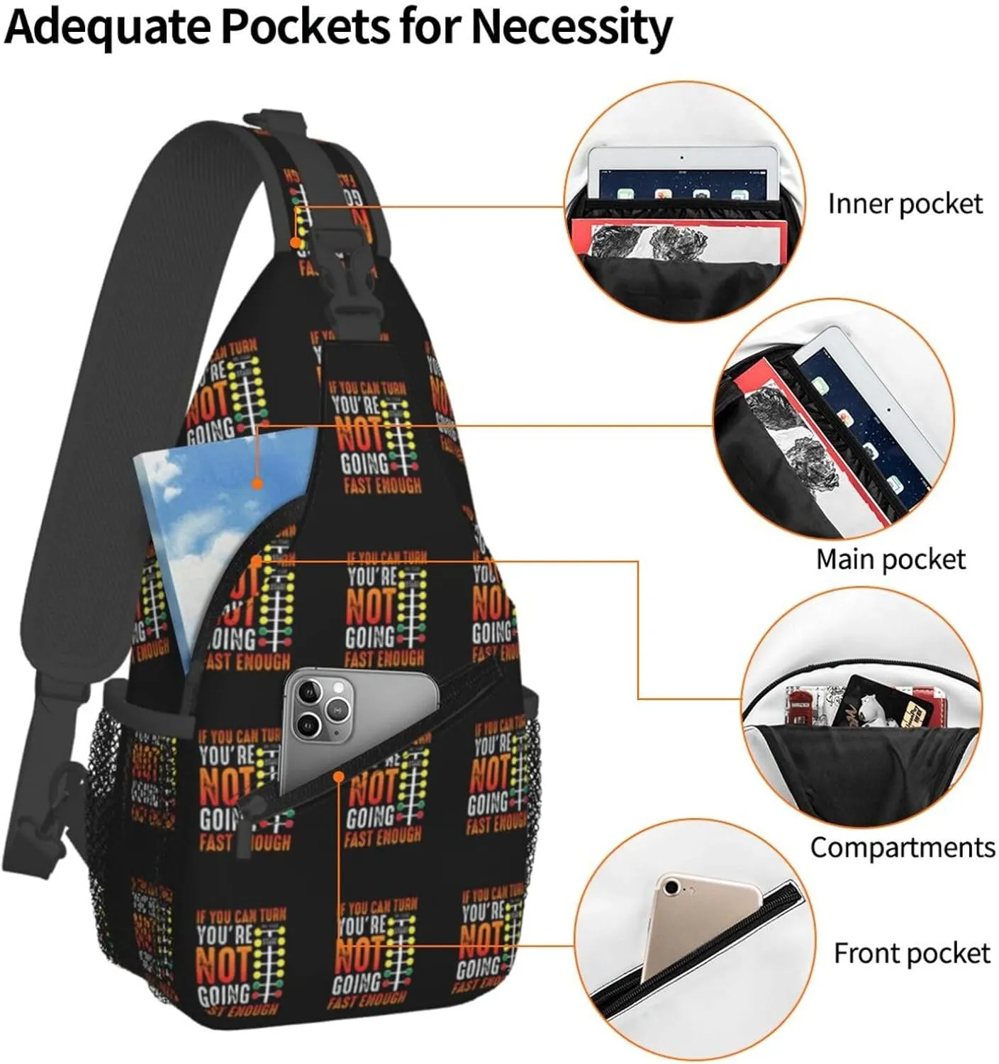 Dragster Saying Race car Driver Skill Sling Bag Crossbody Backpack Shoulder Casual Daypack Bag for Men Women