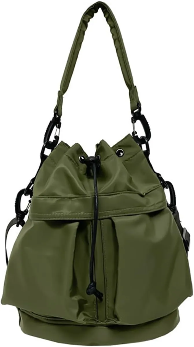 Drawstring Bucket Bag for Women Super Lightweight Nylon Crossbody Bag Tote Handbags for Travel Hiking Music Festival (Green)
