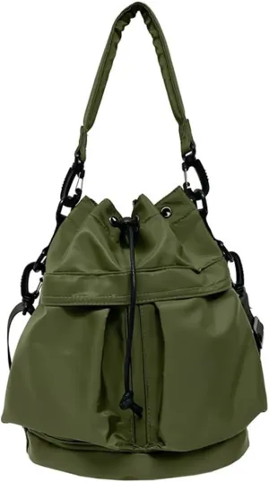 Drawstring Bucket Bag for Women Super Lightweight Nylon Crossbody Bag Tote Handbags for Travel Hiking Music Festival (Green)