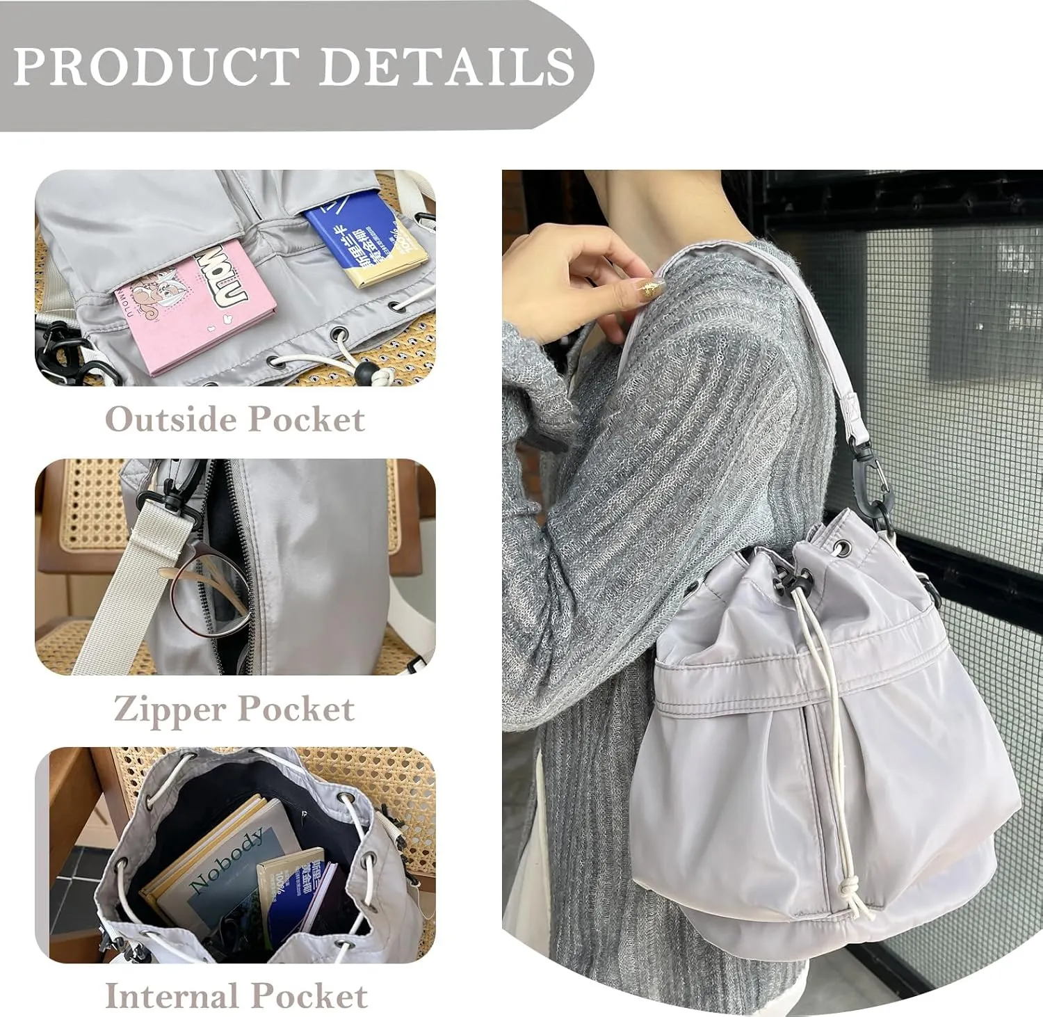 Drawstring Bucket Bag Nylon Crossbody Tote Bag Handbags for Women