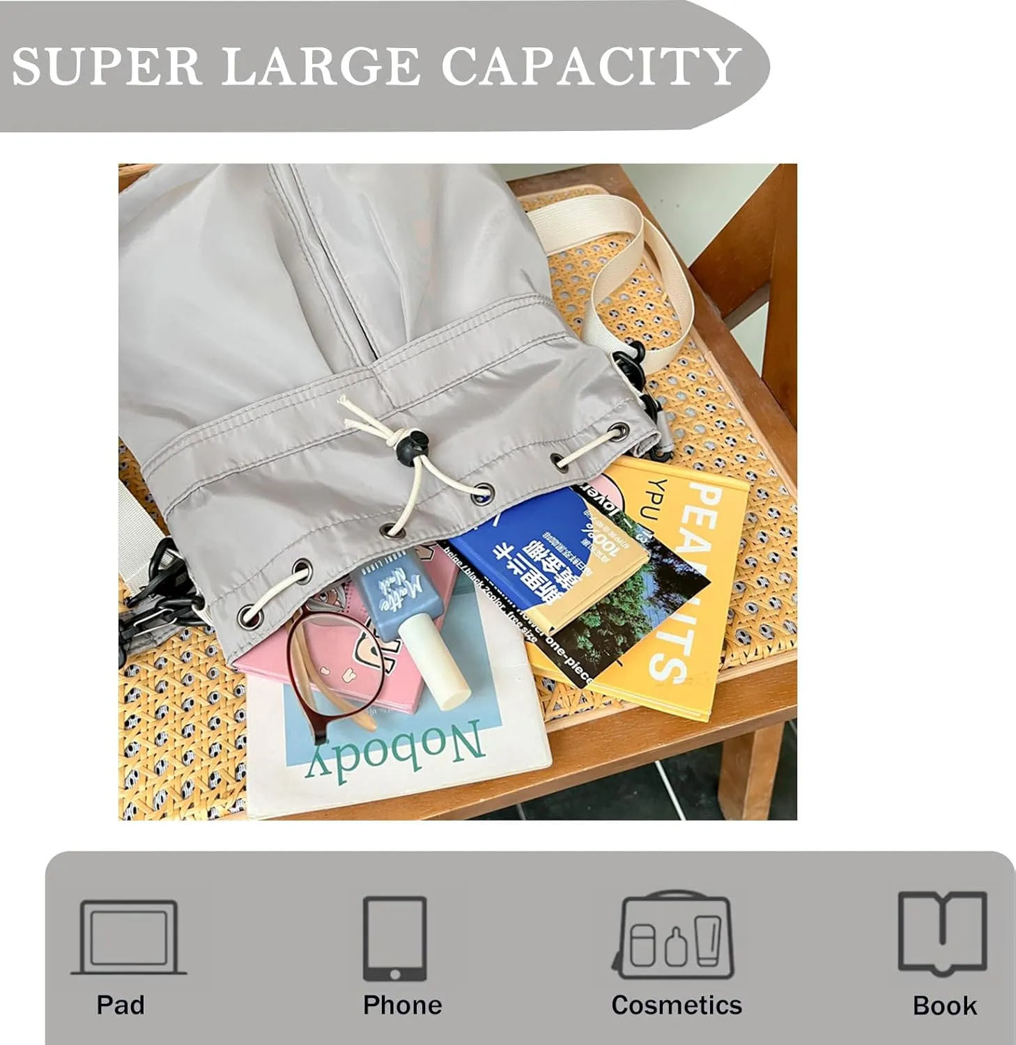 Drawstring Bucket Bag Nylon Crossbody Tote Bag Handbags for Women